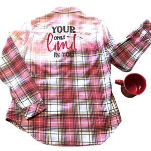 Upcycled Bleached Flannel Shirt, Hand Painted Inspirational Red Plaid Size Small
